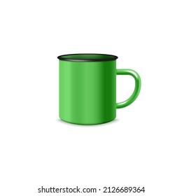 Realistic green enamel mug in 3d style, vector illustration isolated on white background. Front view of metal cup mockup for drinking tea or coffee.