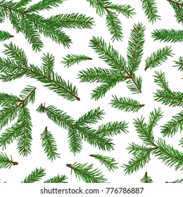 Realistic green fir tree branches seamless pattern on white background.  Christmas, new year symbol. Art vector illustration