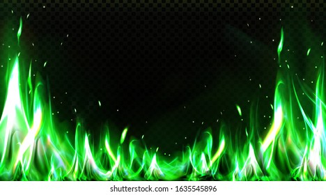 Realistic green fire border, burning flame with sparkles isolated on transparent background. Bonfire blaze glowing effect, shining magic flare frame design element 3d vector illustration, clip art