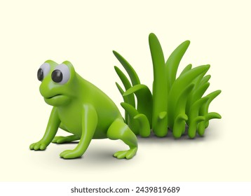 Realistic green frog near fresh grass. Vector scene on yellow background