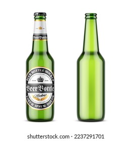 Realistic green full and empty beer bottles mockup with black metal cap and labels isolated on white background. Template  for advertising design. Vector illustration