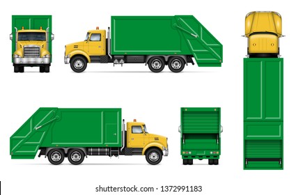 Realistic green garbage truck vector mockup. Isolated template of dump lorry on white background for vehicle branding, corporate identity, easy to editing and recolor svg