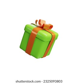 Realistic green gift box with orange ribbon bow isolated on a white background. 3d render floating modern holiday surprise box. Clay, plastic vector icon for present, birthday or anniversary banners