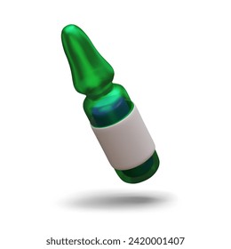 Realistic green glass ampoule with white label. Vector mockup of drugs for injections