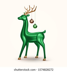 Realistic green glass deer with Christmas balls. Vector holiday decoration for banner, postcard, website 