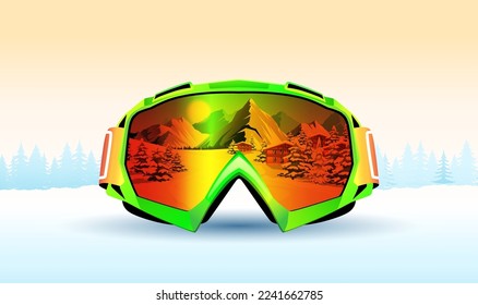 Realistic green goggles for skier and snowboarder with snowy forest on background. Winter sports activities banner with colorful face equipment. Mirror glass with mountains view. Vector illustration