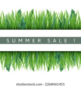 Realistic green grass frame. Fresh lawn and leaves borders, 3d isolated plants strips, botanical decorative summer sale banner template, garden botany. Meadow flora. Utter vector concept