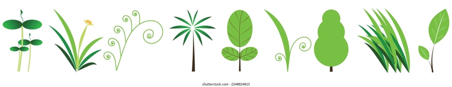 Realistic green grass. Fresh spring plants, various shrubs and bushes for posters and advertising. Include grasses, mushrooms, berries, bushes and trees. Grass icon set vector format.