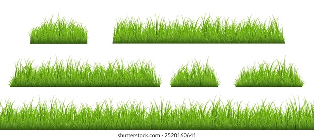 Realistic green grass horizontal border collection isolated on white background.