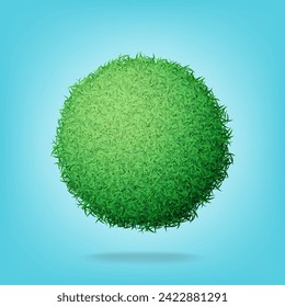 hierba verde realista y esfera de césped sobre fondo azul. Fondo vectorial de textura de hierba verde.