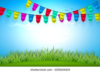 Realistic green grass meadow field on blue cloud summer sky background with bunting flags. Vector rural rustic feastival natural backdrop template. Eco products, easter holiday spring illustration