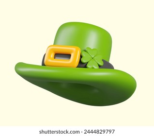 Realistic green hat with golden buckle and clover leaf. Decorative element for St. Patrick Day