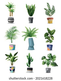 Realistic green home plant big set with isolated images of houseplants in flowerpots of various design vector illustration