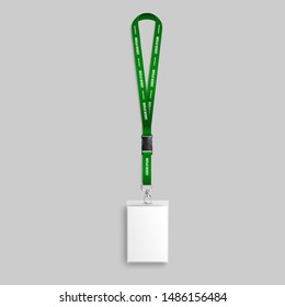 Mochila realista de tarjeta de identidad verde lanyard con placa de identificación en blanco y plantilla de texto en la correa del cuello. Tarjeta de identificación de seguridad corporativa para eventos empresariales: ilustración vectorial aislada