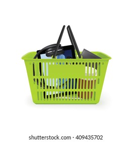 Realistic green isolated vector shopping basket full of different objects