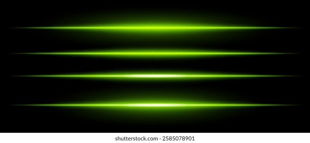 Realistic green laser beams with glowing effect on a black background. Futuristic energy streaks, sci-fi speed motion, neon cyber light.