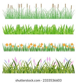 realistic green lawn, spring and summer vector grass border or meadow set. natural, organic, bio, eco labels