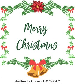 Realistic green leafy wreath frame, with beautiful card merry christmas background. Vector