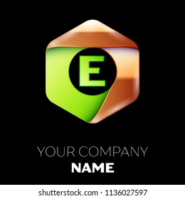 Realistic Green Letter E logo symbol in the colorful golden-green hexagonal shape on black background. Vector template for your design