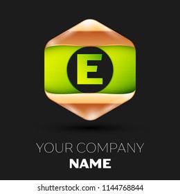 Realistic Green Letter E logo symbol in the colorful golden-green hexagonal shape on black background. Vector template for your design