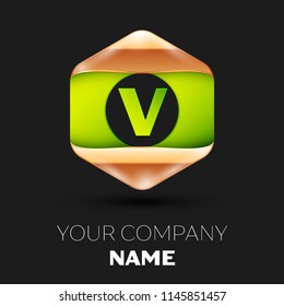 Realistic Green Letter V logo symbol in the colorful golden-green hexagonal shape on black background. Vector template for your design