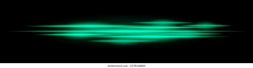 Realistic green light streaks with motion blur on a black background. Futuristic energy beams, speed effect, neon glow, sci-fi cyber design.