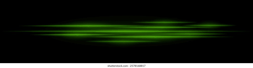 Realistic green light streaks with motion blur on a black background. Futuristic energy beams, speed effect, neon glow, sci-fi cyber design.