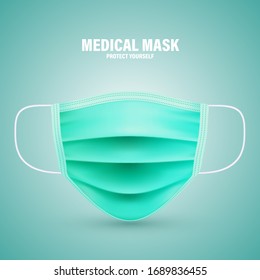 Realistic green medical respiratory mask. Face-guard, protective mask against viruses and polluted air. Health care. Vector illustration.