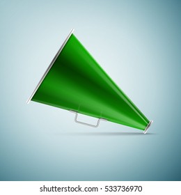Realistic Green megaphone icon isolated on blue background. Vector Illustration