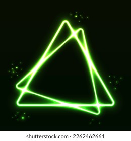 Realistic green neon double triangular frames with sparkles on dark background. Electric light frame sign. Light banner with glow effect. Empty minimal art decoration. Vector illustration