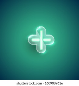 Realistic green neon plus sign with plastic case, vector illustration