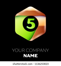 Realistic Green Number Five logo symbol in the colorful golden-green hexagonal shape on black background. Vector template for your design