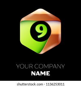 Realistic Green Number Nine logo symbol in the colorful golden-green hexagonal shape on black background. Vector template for your design