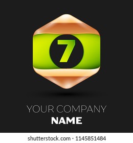 Realistic Green Number Seven logo symbol in the colorful golden-green hexagonal shape on black background. Vector template for your design