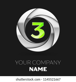 Realistic Green Number Three logo symbol in the silver colorful circle shape on black background. Vector template for your design