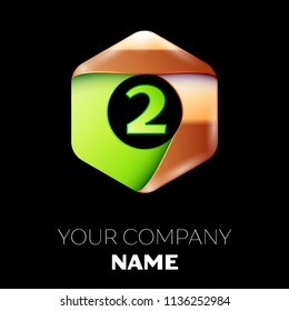 Realistic Green Number Two logo symbol in the colorful golden-green hexagonal shape on black background. Vector template for your design