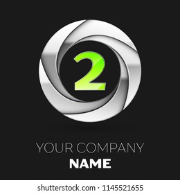 Realistic Green Number Two logo symbol in the silver colorful circle shape on black background. Vector template for your design