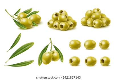 Aceitunas verdes realistas, rama de olivo aislada con hojas. Conjunto vectorial aislado de tentempiés mediterráneos sabrosos y jugosos con un color verde vibrante y textura firme. Comida versátil