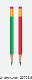 Realistic green pencil ,red pencil sharpened .Realistic pencil with a red rubber band