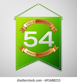 Realistic Green pennant with inscription Fifty four Years Anniversary Celebration Design on grey background. Golden ribbon. Colorful template elements for your birthday party. Vector illustration