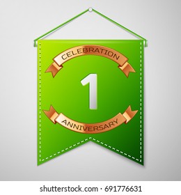 Realistic Green pennant with inscription One Years Anniversary Celebration Design over a grey background. Golden ribbon. Colorful template elements for your birthday party. Vector illustration