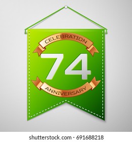 Realistic Green pennant with inscription Seventy four Years Anniversary Celebration Design on grey background. Golden ribbon. Colorful template elements for your birthday party. Vector illustration