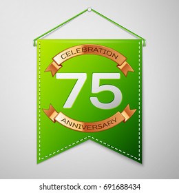 Realistic Green pennant with inscription Seventy five Years Anniversary Celebration Design on grey background. Golden ribbon. Colorful template elements for your birthday party. Vector illustration