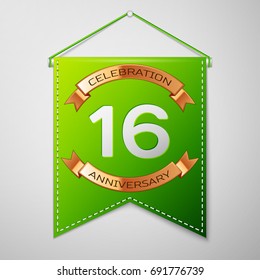 Realistic Green pennant with inscription Sixteen Years Anniversary Celebration Design over a grey background. Golden ribbon. Colorful template elements for your birthday party. Vector illustration