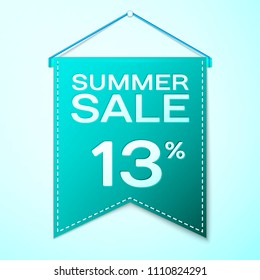 Realistic Green pennant with inscription Summer Sale Thirteen percent Discounts over a green background. Sale concept for shops store market, web and other commerce. Vector illustration