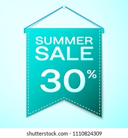 Realistic Green pennant with inscription Summer Sale Thirty percent Discounts over a green background. Sale concept for shops store market, web and other commerce. Vector illustration