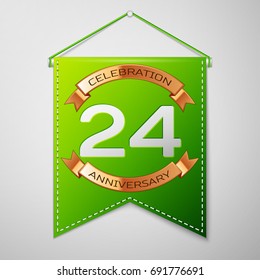 Realistic Green pennant with inscription Twenty four Years Anniversary Celebration Design over a grey background. Golden ribbon. Colorful template elements for your birthday party. Vector illustration