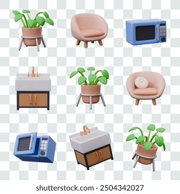 Realistic green plant in pot, chair with soft upholstery, microwave, sink with faucet