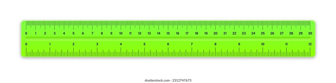 Realistic green plastic ruler with measurement scale and divisions, measure marks. School ruler, centimeter and inch scale for length measuring. Office supplies. Vector illustration