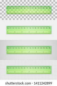 Realistic green plastic transparent ruler 15 centimeters on different backgrounds. Measuring tool. School supplies